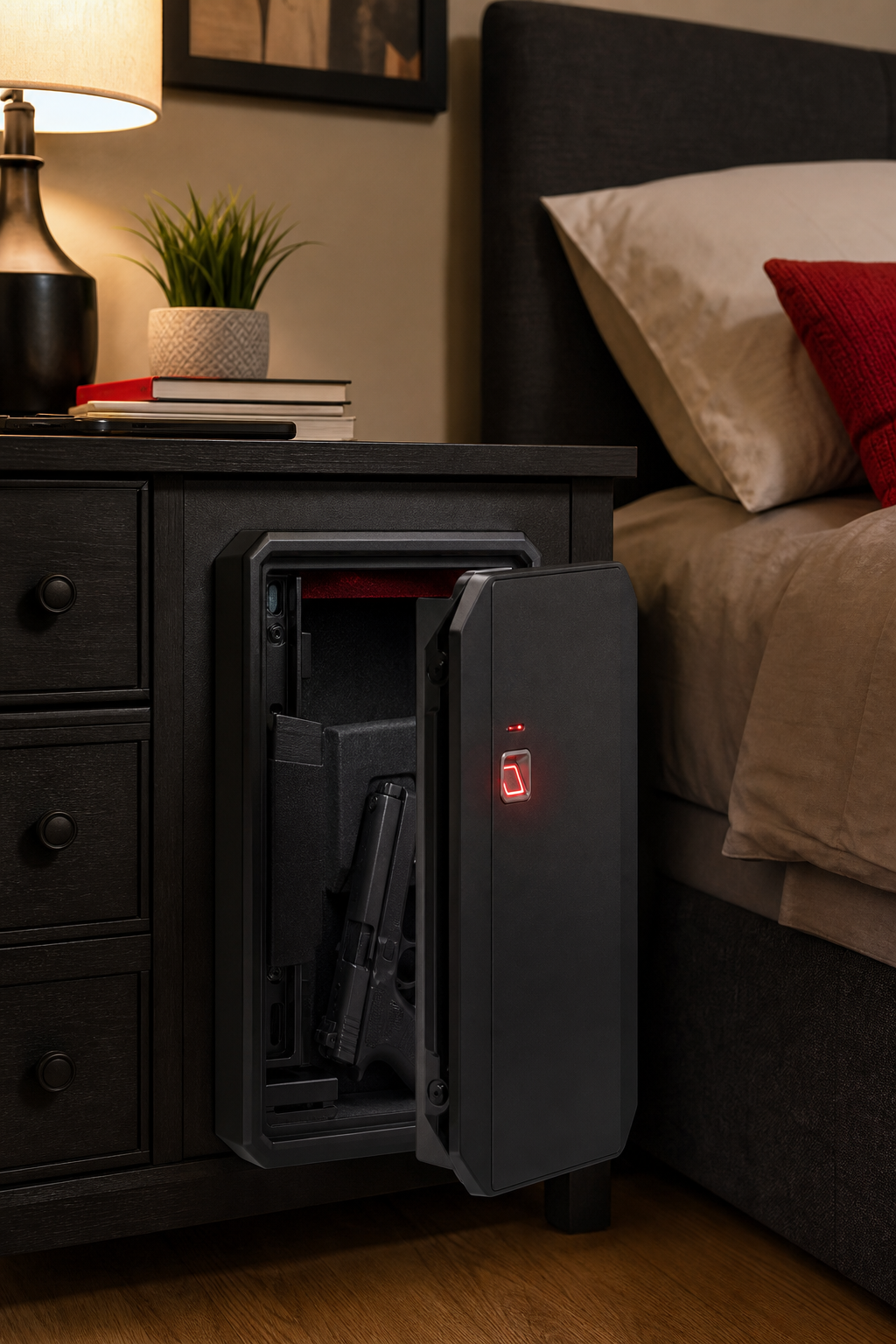 A biometric safe on a nightstand