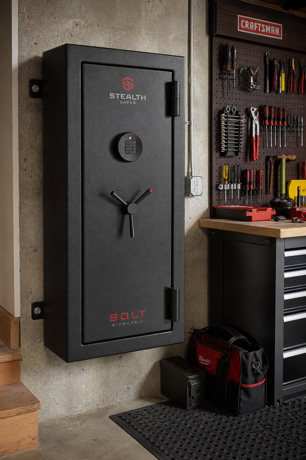 Heavy-duty steel biometric safe in a garage setting