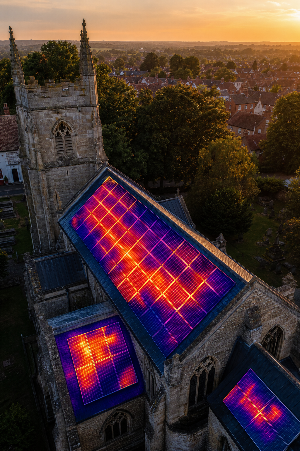 drone thermal inspection of church roof with solar PV.