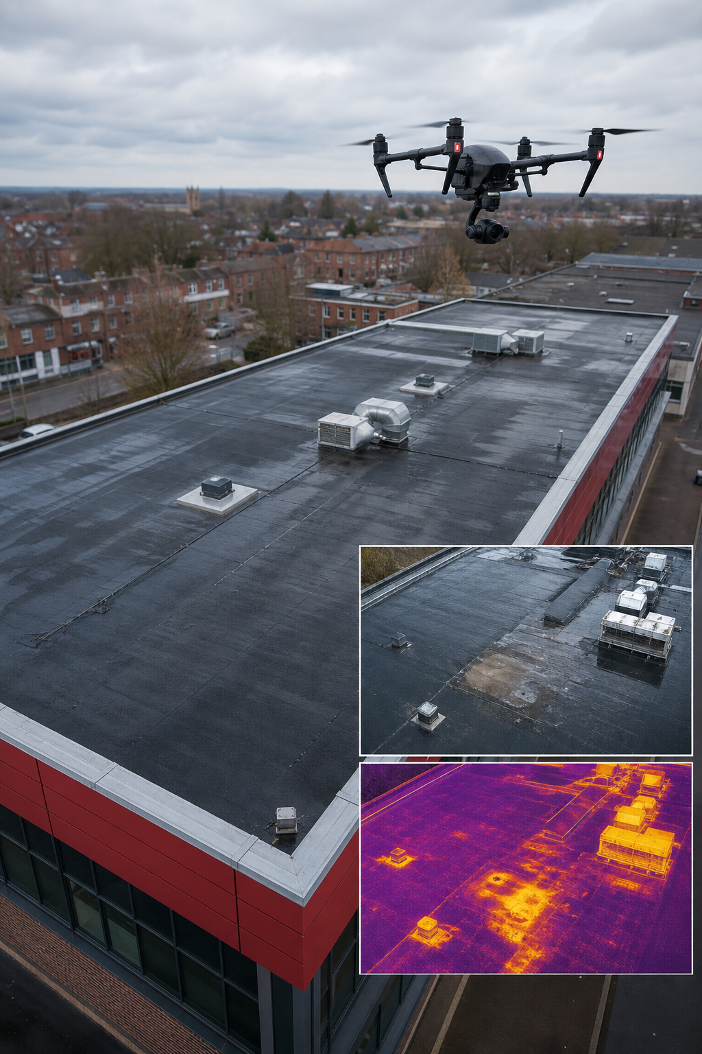 A realistic aerial view of a commercial flat roof with a drone hovering, showing high‑resolution RGB and thermal overlay