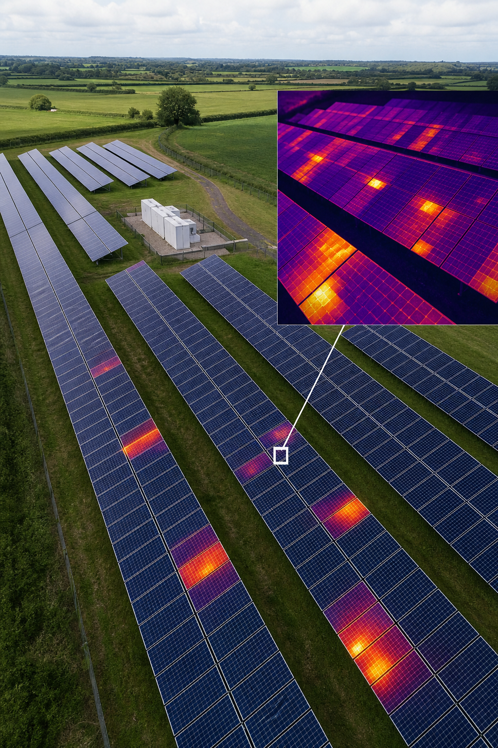 A high‑resolution drone view of a commercial solar array with thermal overlays highlighting hot‑spots, alt: IEC 62446 co