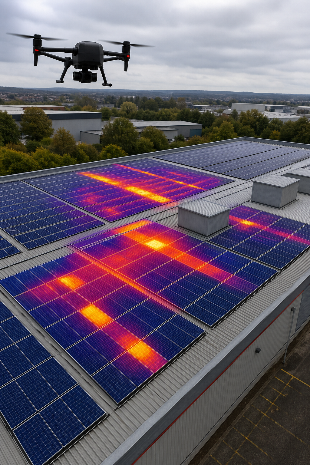 drone thermography of commercial PV system detecting faulty panels