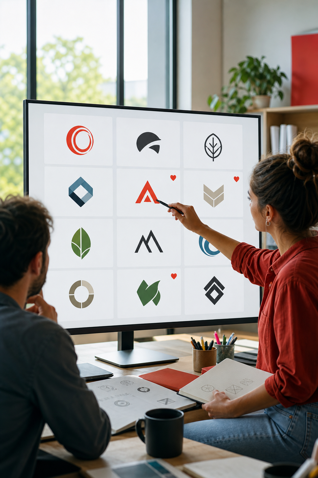A vibrant illustration of multiple logo concepts displayed on a screen with a writer pointing at the favorites, bright o