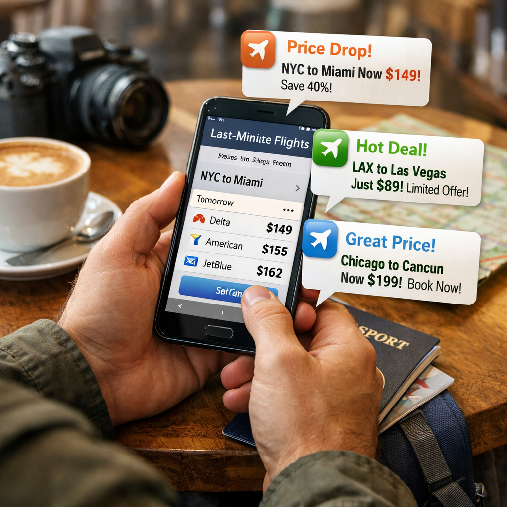 traveler checking last‑minute flight deals on mobile.