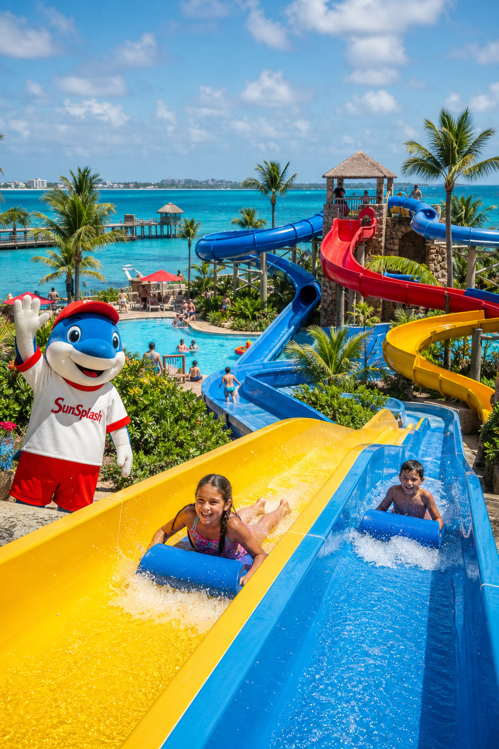 Water park family fun at a tropical resort