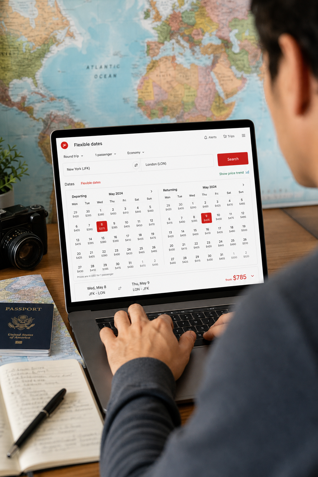 A traveler looking at a laptop screen displaying a flexible date flight search on a flight search tool, with a world map