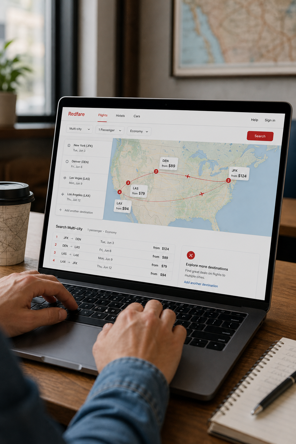 Multi‑city flight search showing cheap domestic routes.