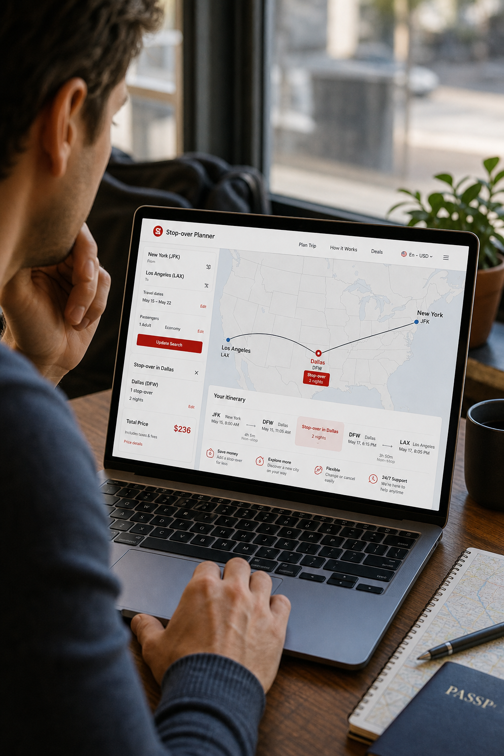 Stop‑over planning interface showing cheap domestic flight itinerary.