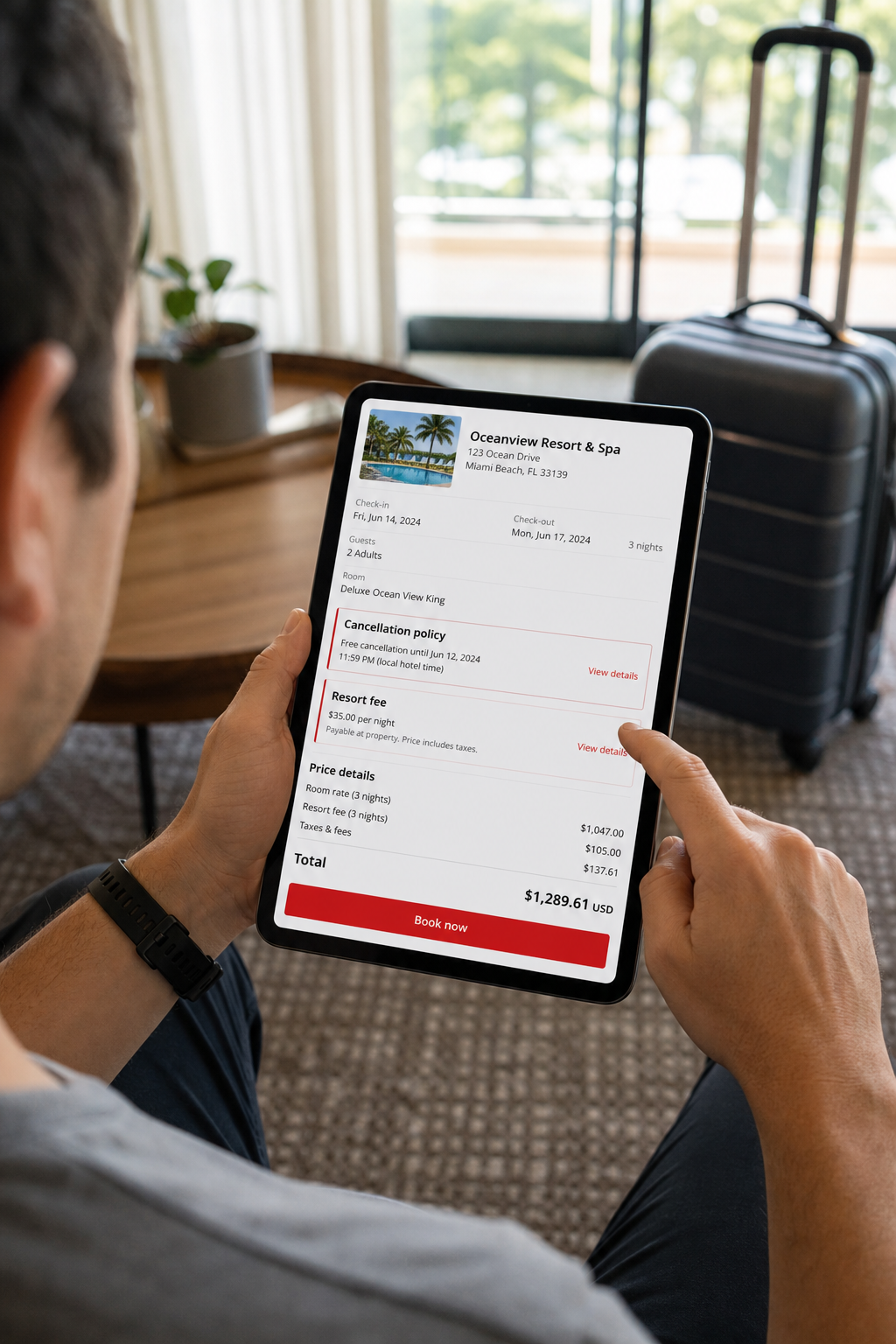 hotel reservation details with fees