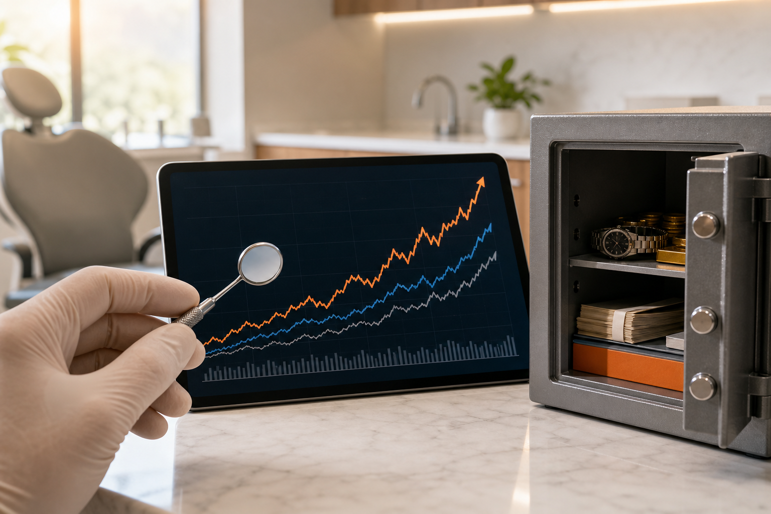 A realistic illustration of a dentist's hand holding a dental mirror next to a chart showing upward‑moving market index 