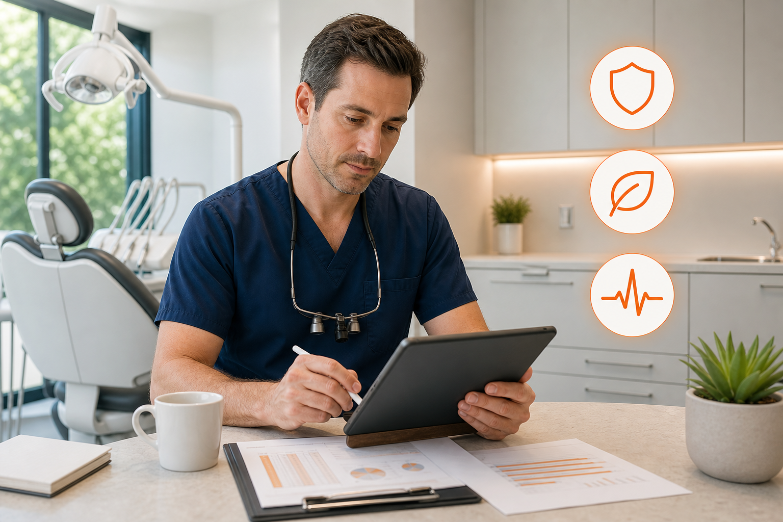 A realistic scene of a dentist reviewing financial documents on a tablet, with icons for a shield (protection), a leaf (
