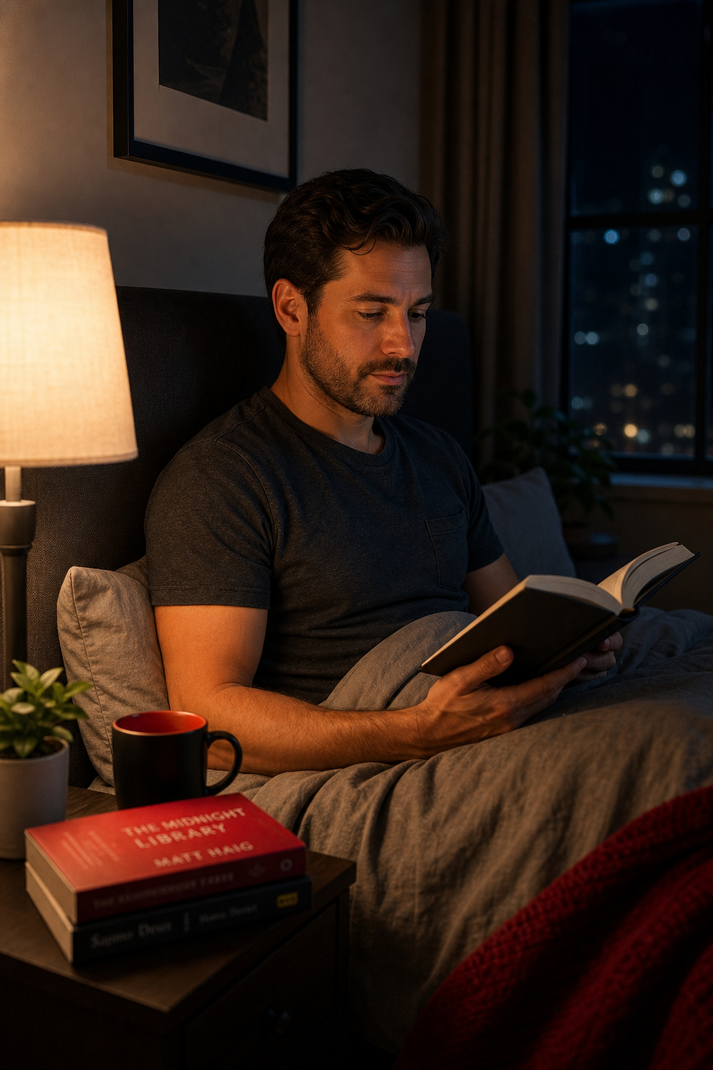 A realistic scene of a night‑time bedroom with a soft lamp, a man reading a book before sleep, showing a calm atmosphere