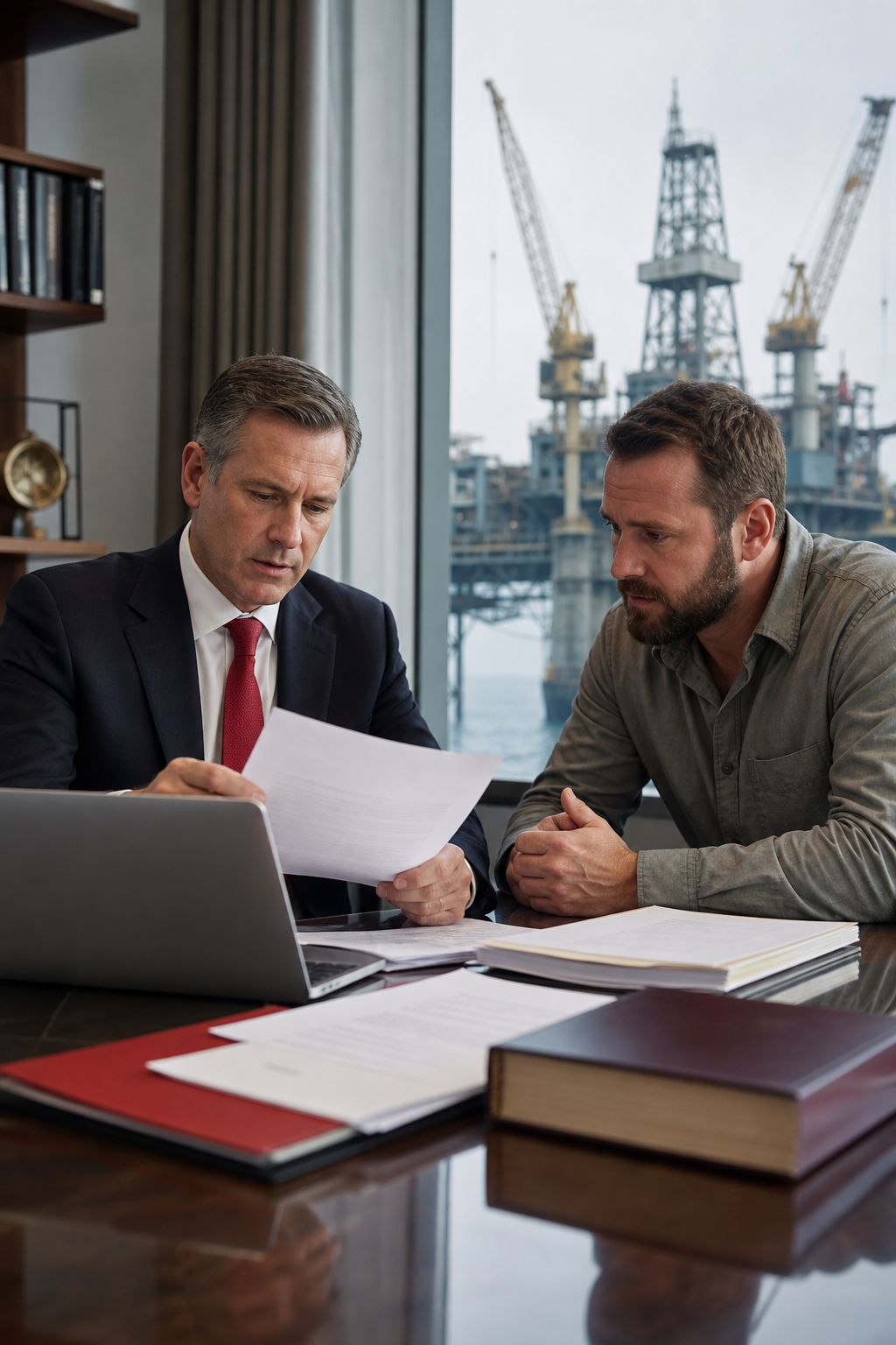oil rig lawyer evaluating case files