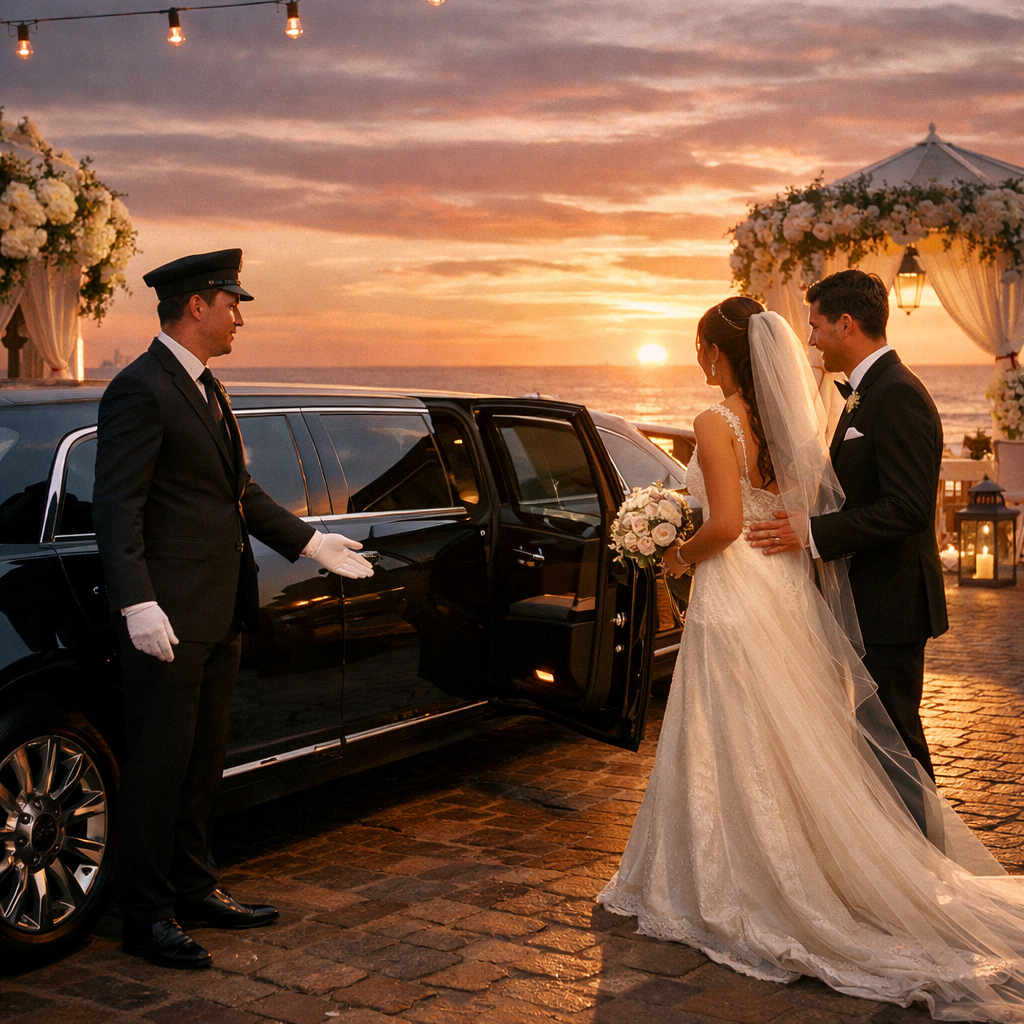luxury wedding limo arrival