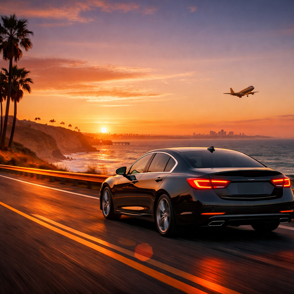 A cinematic view of a sleek black luxury sedan driving along the Pacific Coast Highway at sunset, alt: luxury sedan San