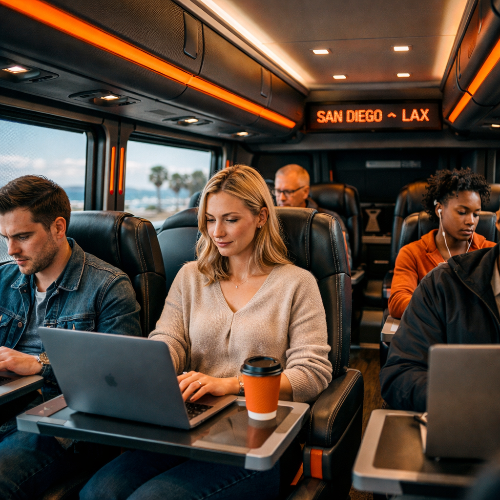 A cinematic interior of a modern shared shuttle with passengers working on laptops, alt: shared shuttle San Diego to LAX