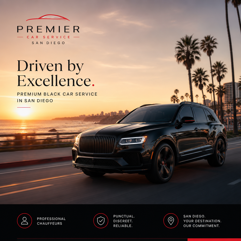 A cinematic scene of a sleek black luxury SUV gliding along the San Diego coastline at sunset, headlights low, ocean bre