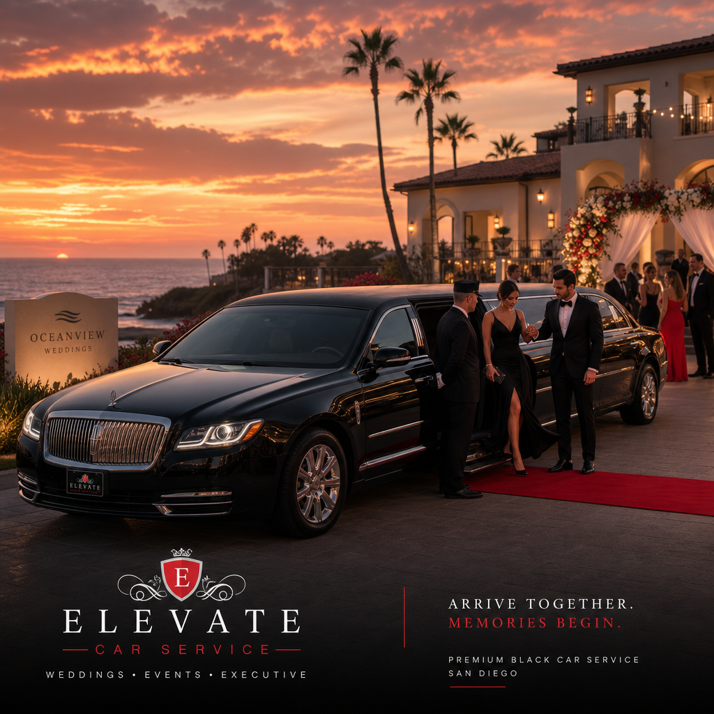 A cinematic view of a black stretch limousine parked in front of a seaside wedding venue at sunset, guests stepping out