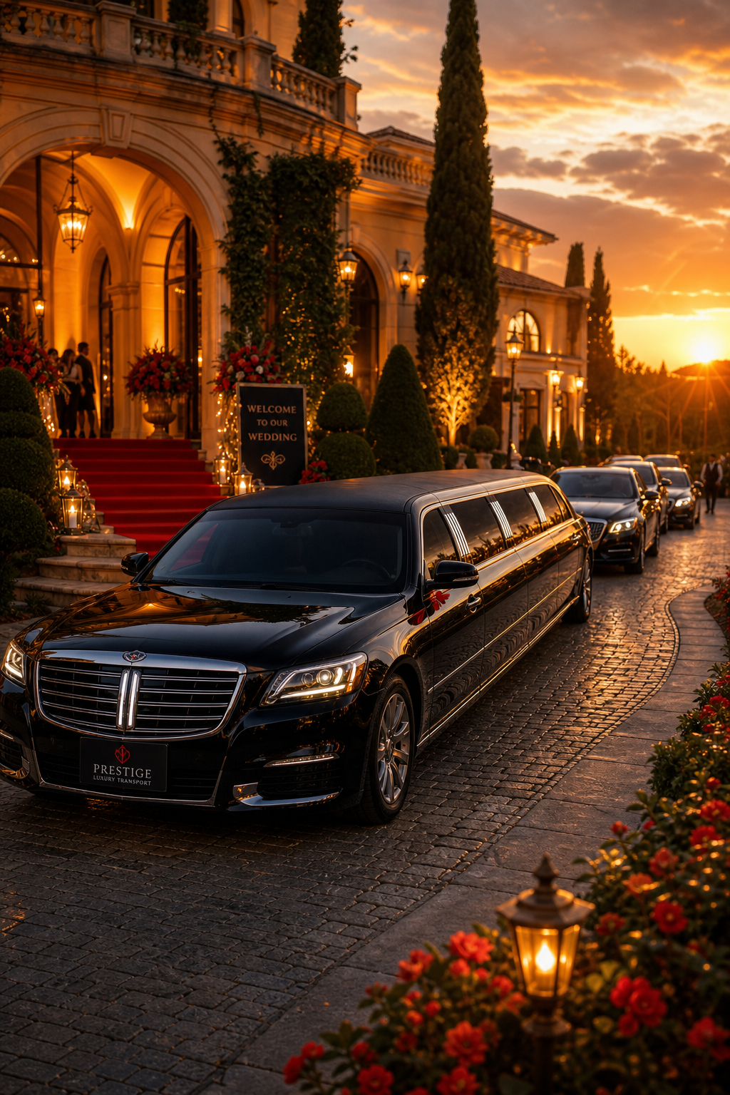 A cinematic scene of a stretch limousine pulling up to a sunset‑lit wedding venue, with elegant lighting and a line of l