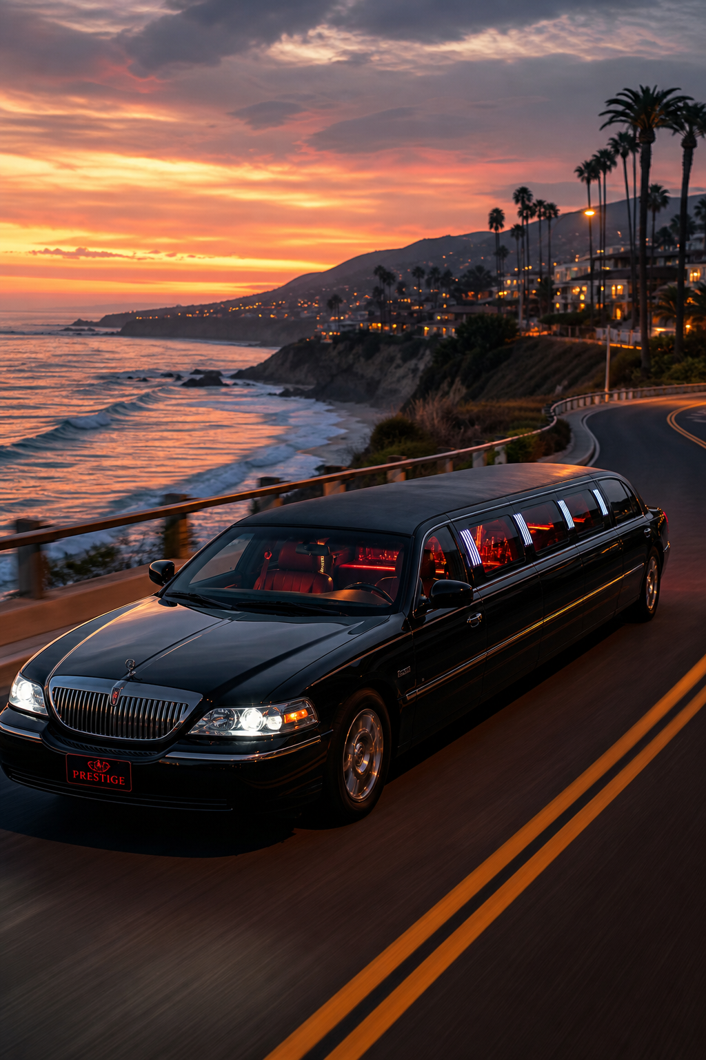 A cinematic view of a sleek black limousine cruising along the Pacific coastline at dusk, interior lights glowing, alt: