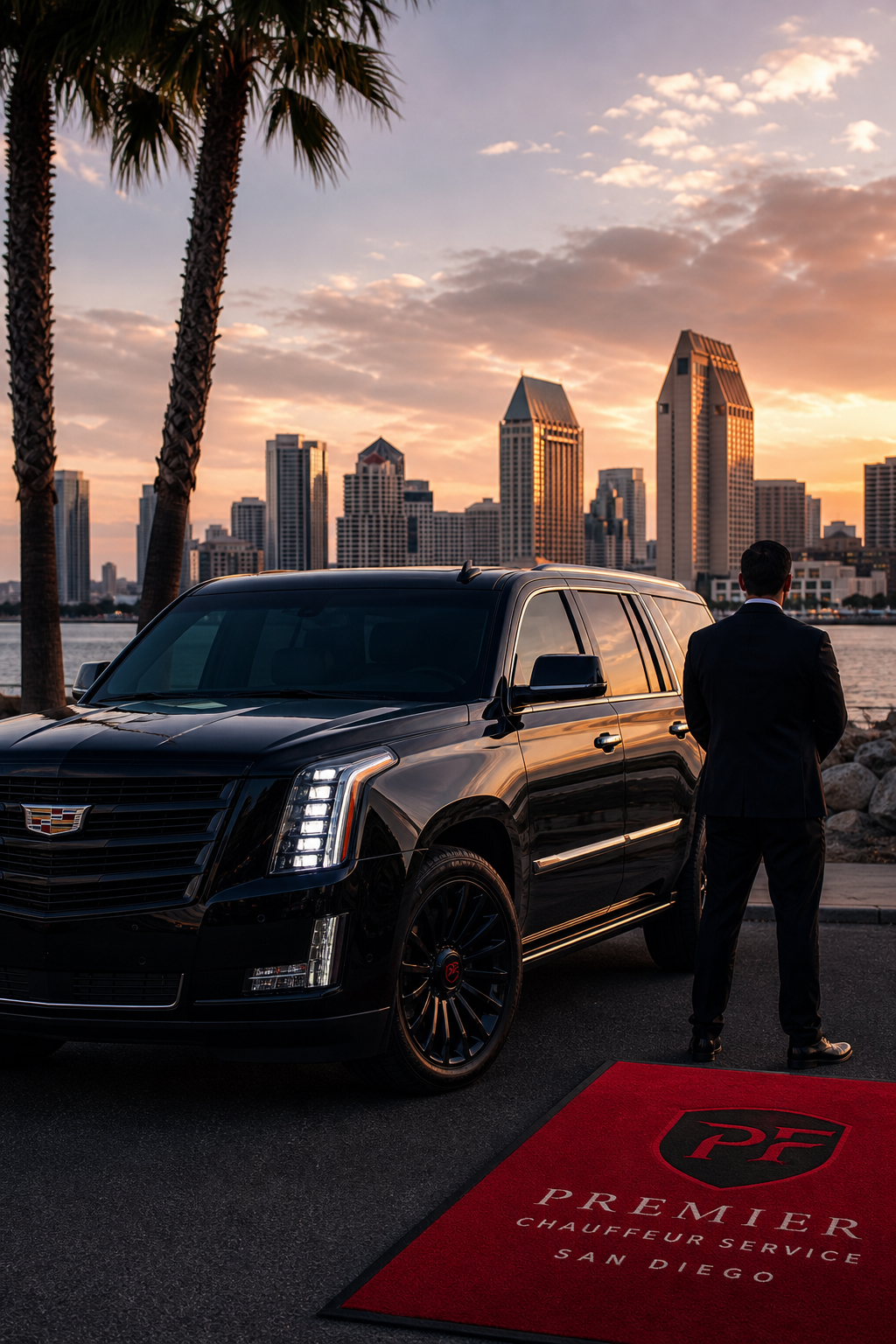 A sleek black luxury SUV parked in front of the San Diego skyline at sunset, cinematic style, showing elegance and priva