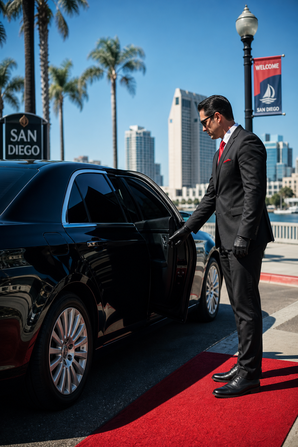 A professional chauffeur opening the door of a dark, tinted black town car on a sunny San Diego street, cinematic style,