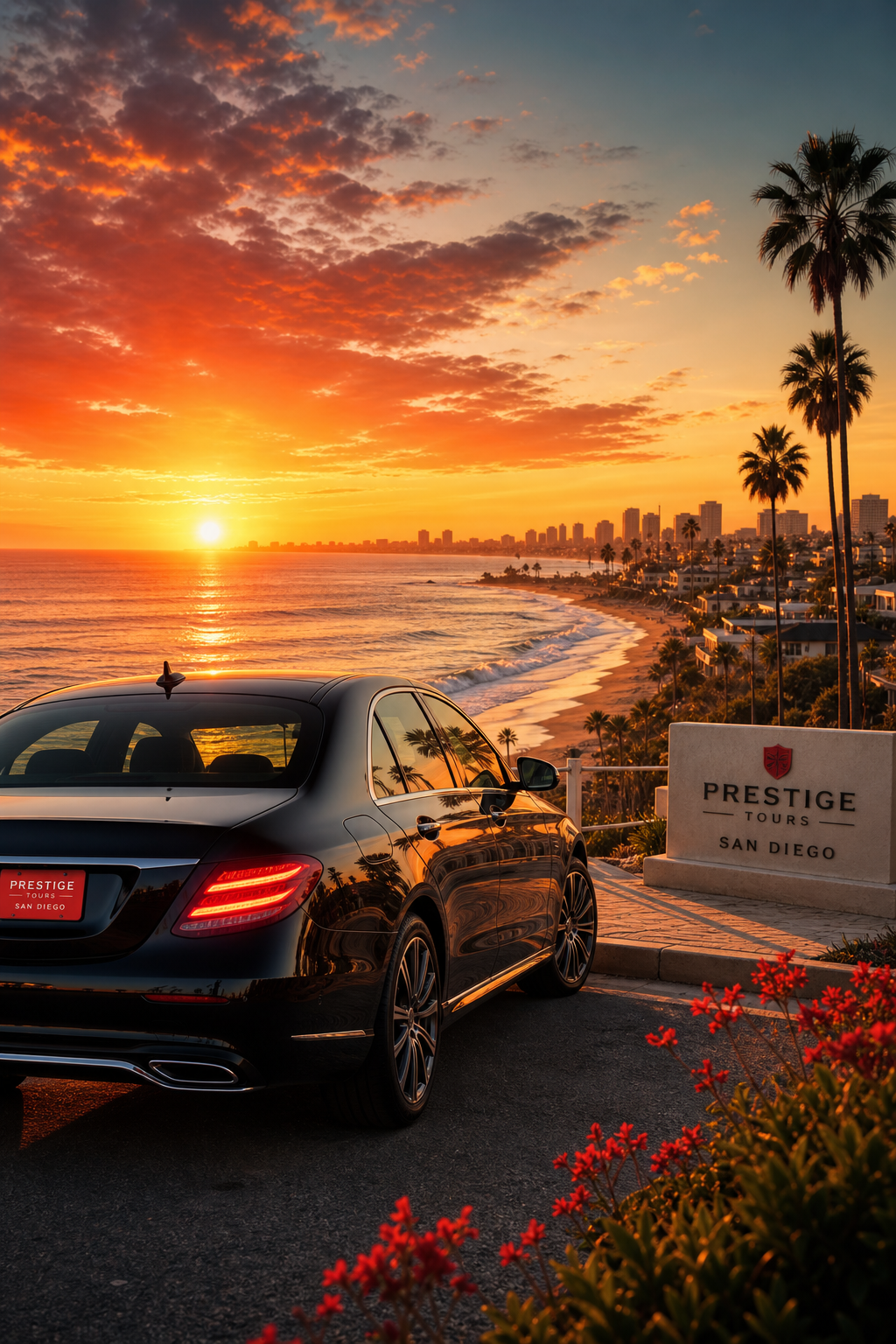 A cinematic sunrise over San Diego’s coastline with a luxury sedan parked at a beachside overlook, golden light reflecti