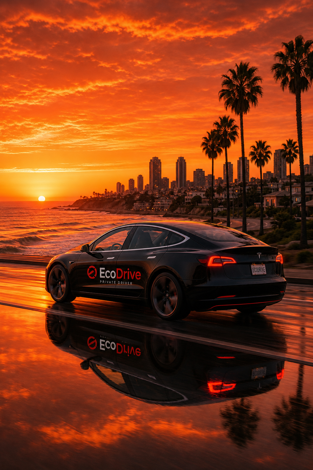 A cinematic view of an electric sedan gliding along the San Diego shoreline at sunset, the car’s sleek silhouette reflec
