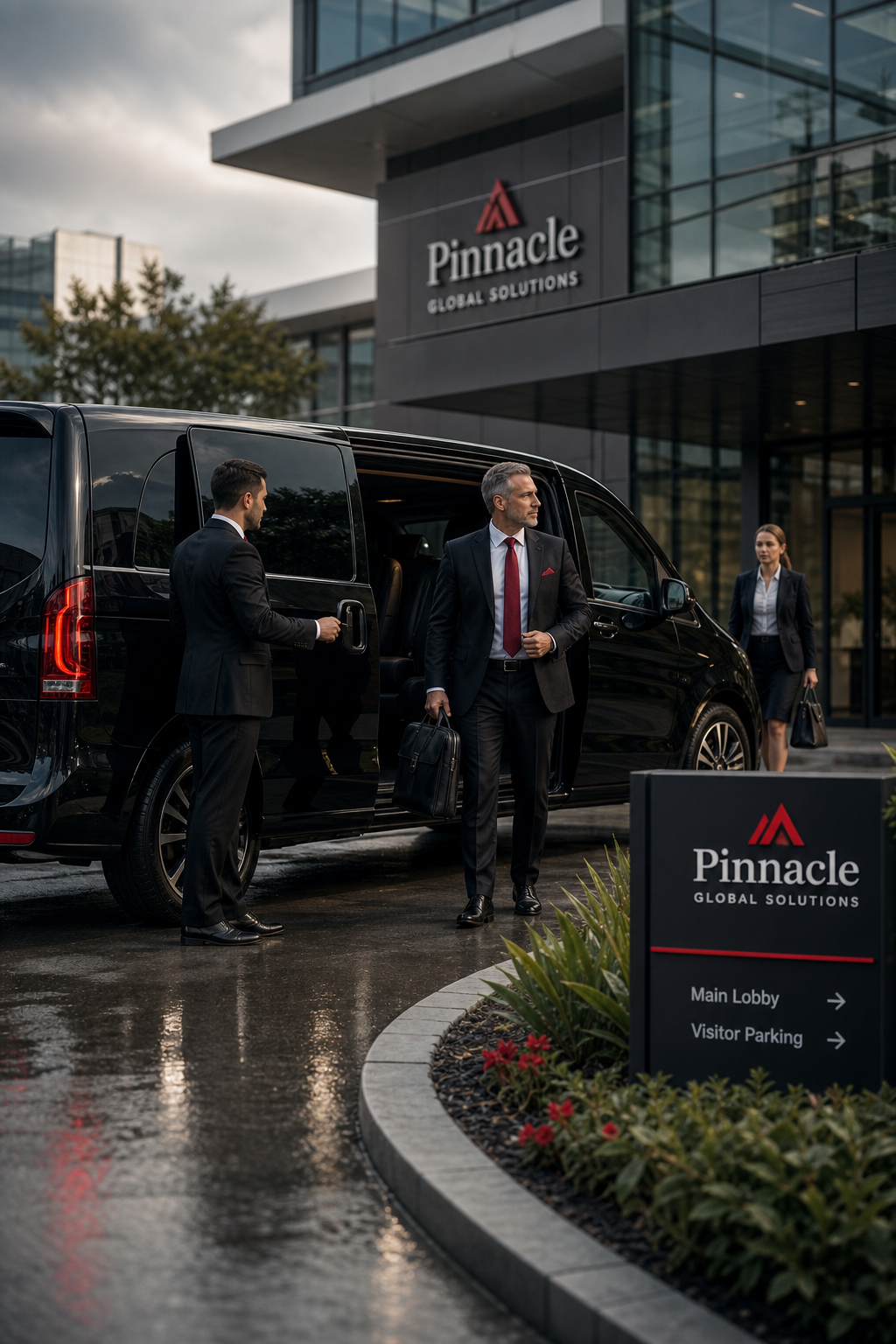 black car service executive van arrival at corporate office