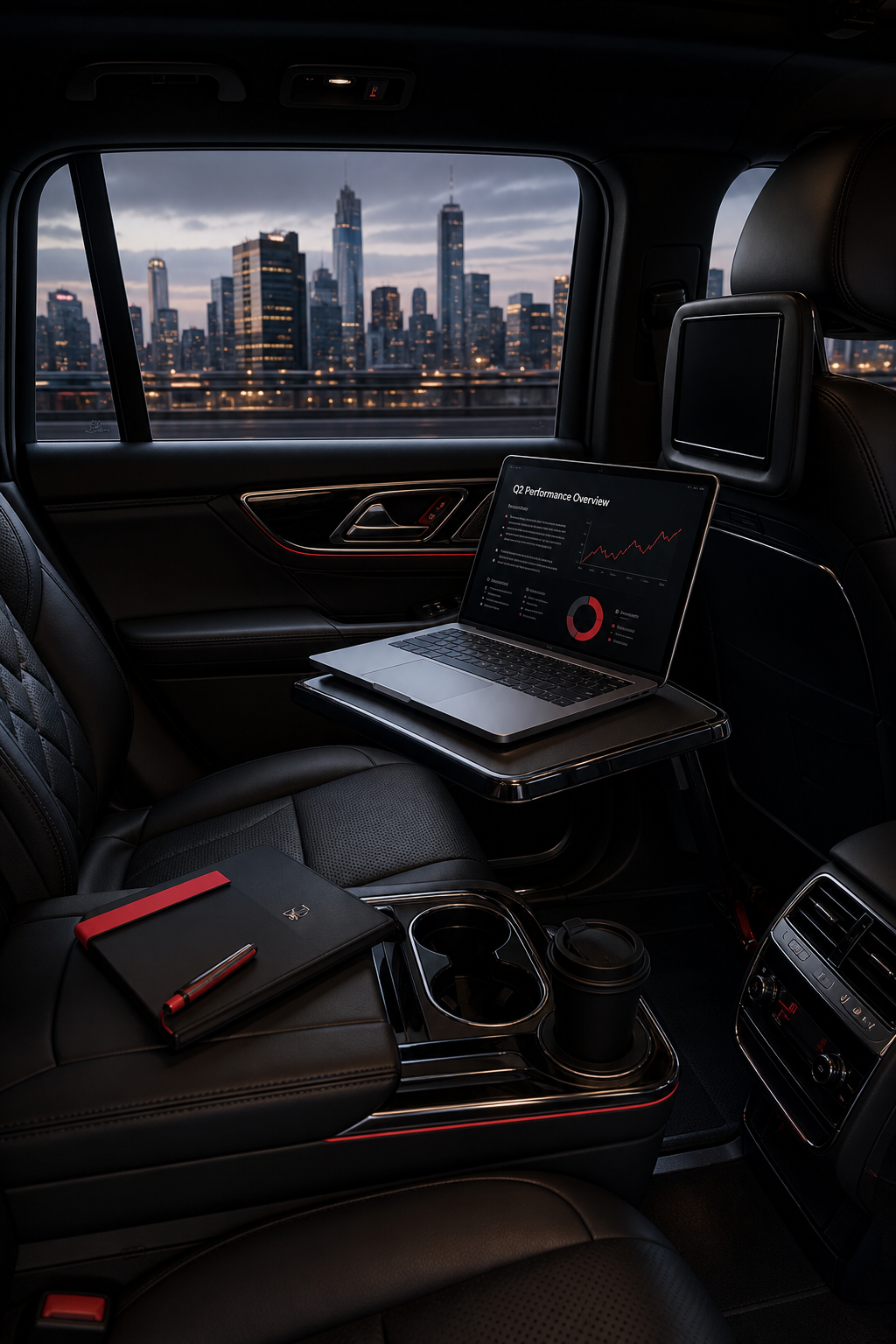 Corporate travel black car interior setup
