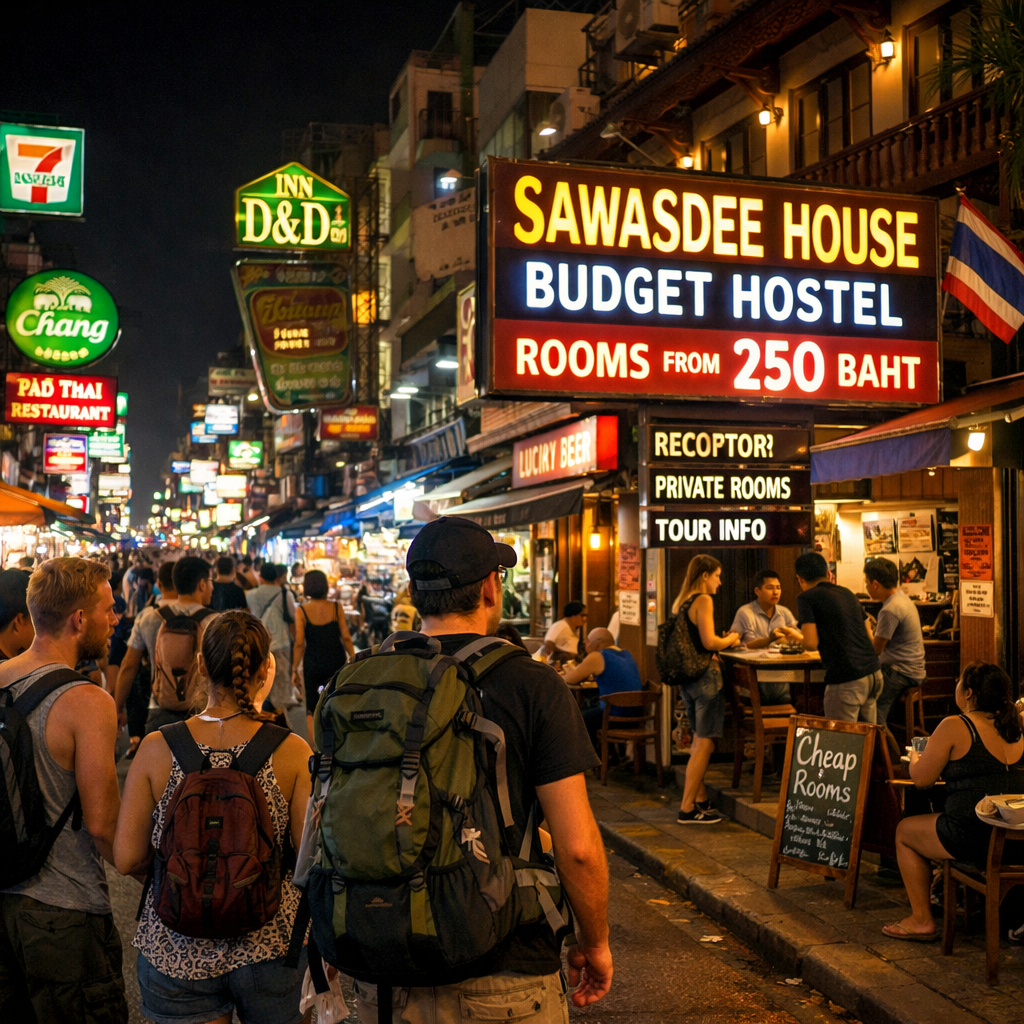 A realistic street view of Khao San Road at night with budget travelers and neon signs, alt: cheap hostel near Khao San