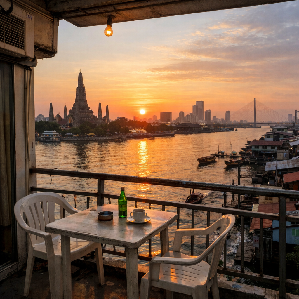 A realistic sunrise over the Chao Phraya River with a modest budget hotel balcony, alt: cheap riverside hotel Bangkok