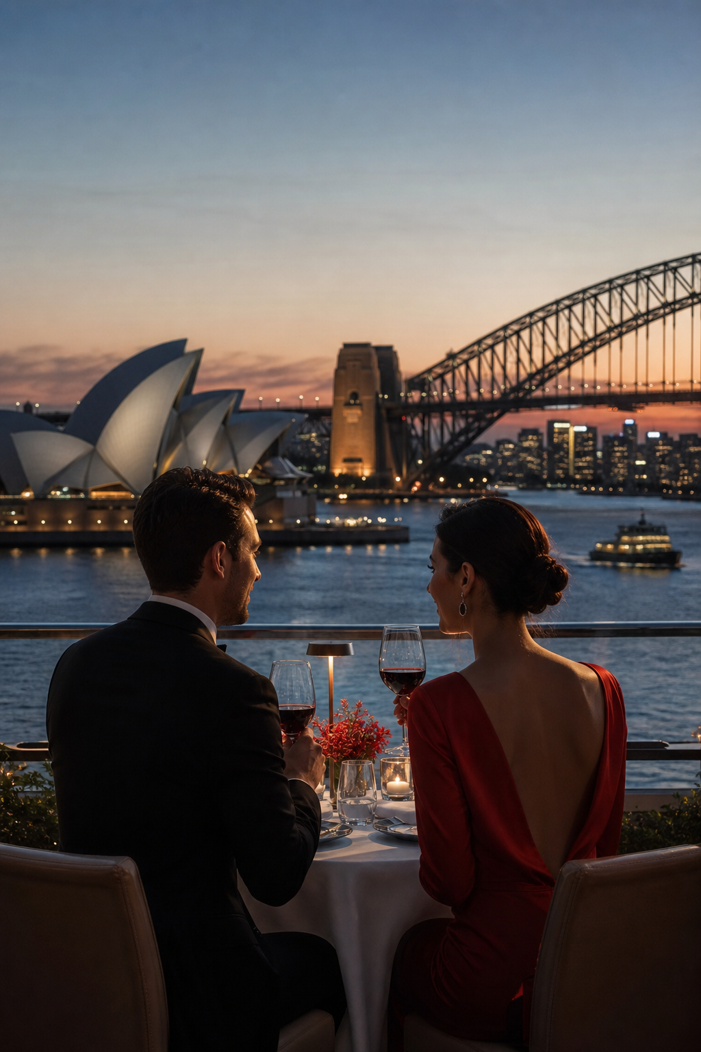 A sophisticated Sydney harbour skyline at dusk with an elegant silhouette of a couple enjoying a private dinner, represe