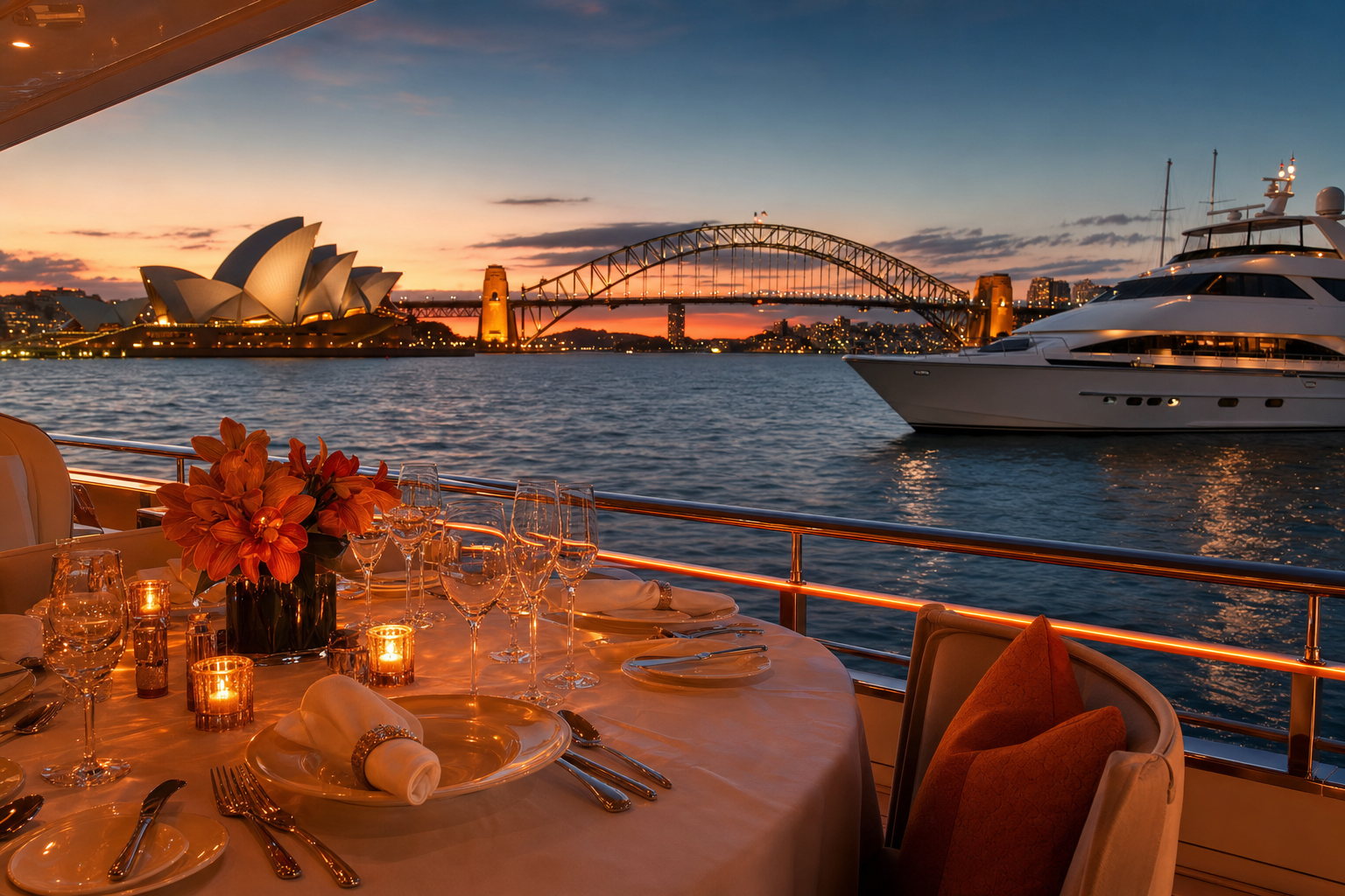 Sydney Harbour luxury companion experience with yacht dinner setting