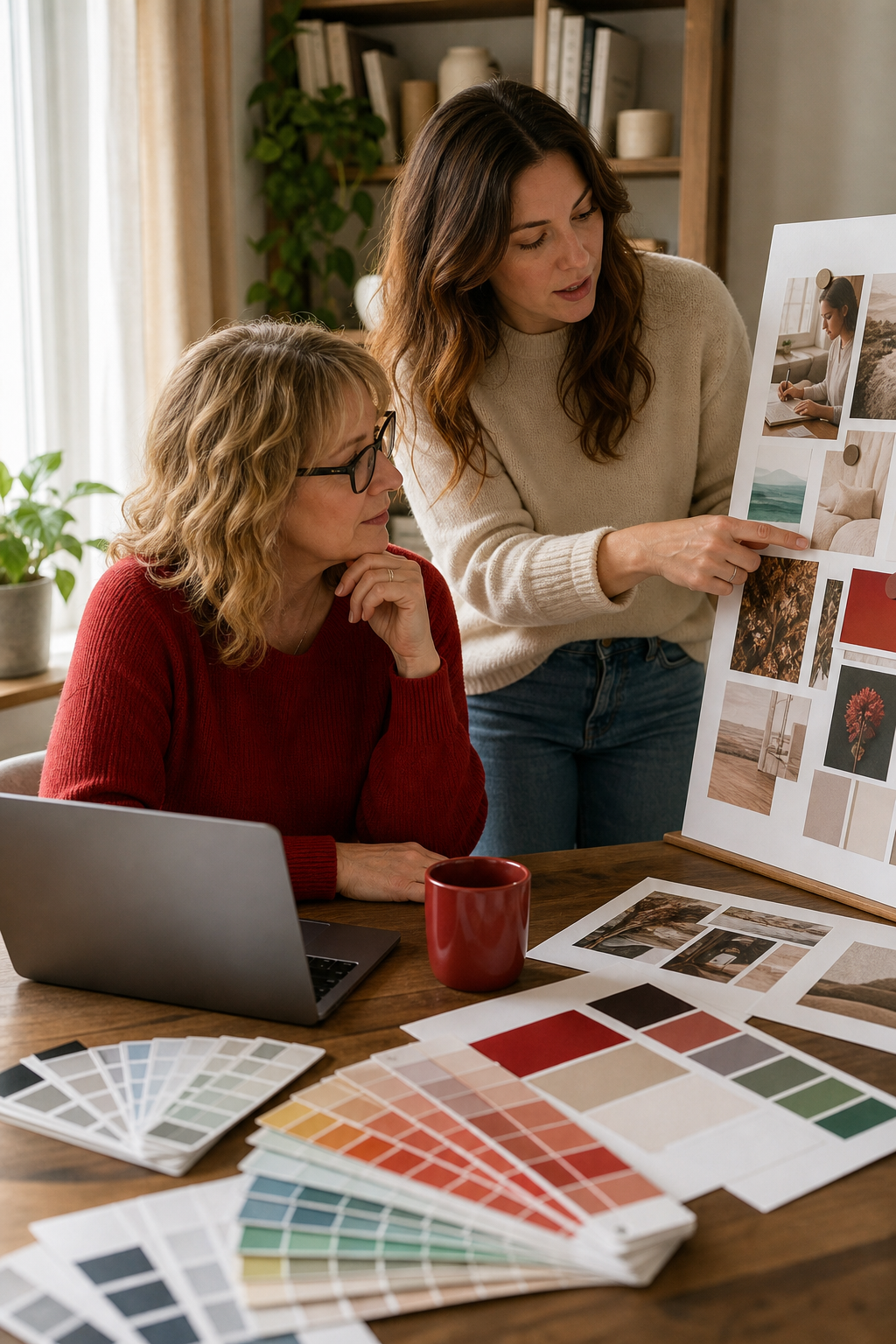 A realistic scene of a writer sitting at a desk with a laptop, color swatches spread out, and a branding coach pointing 