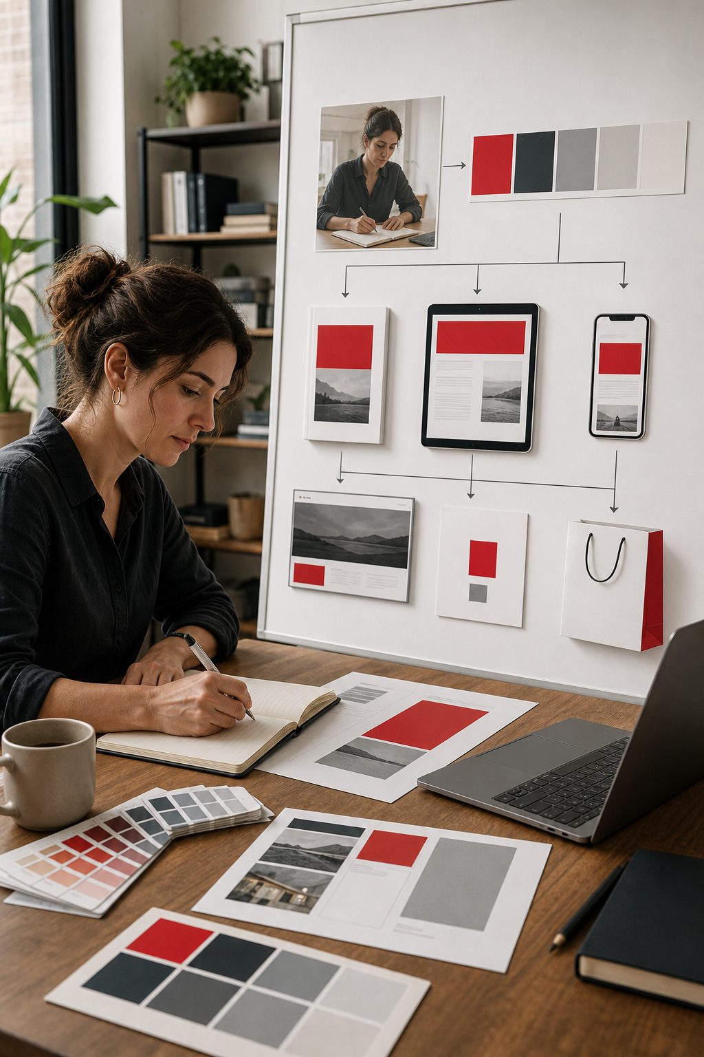 A realistic illustration of a branding workflow diagram showing a writer, a color palette, and various marketing assets 