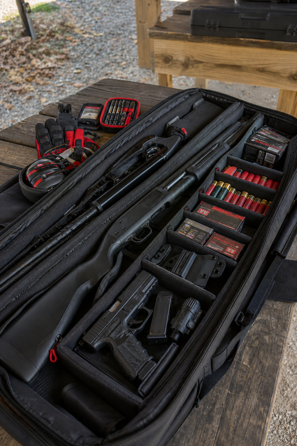 shooting range bag organization with pistol, shotgun, shells, ear protection, and cleaning kit.