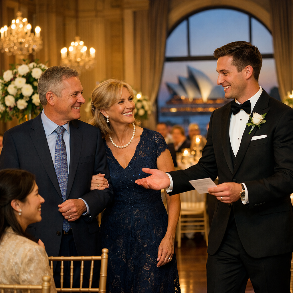A photorealistic scene of a wedding usher escorting guests to their seats in a grand Sydney hall, elegant lighting, peop