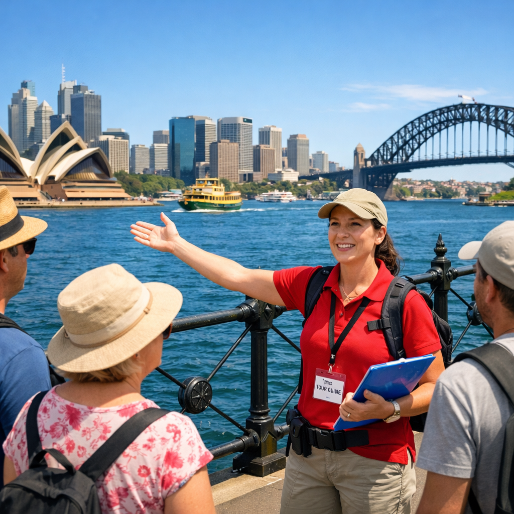 A realistic view of a professional tourist escort leading a small group along Sydney Harbour, iconic skyline, bright day