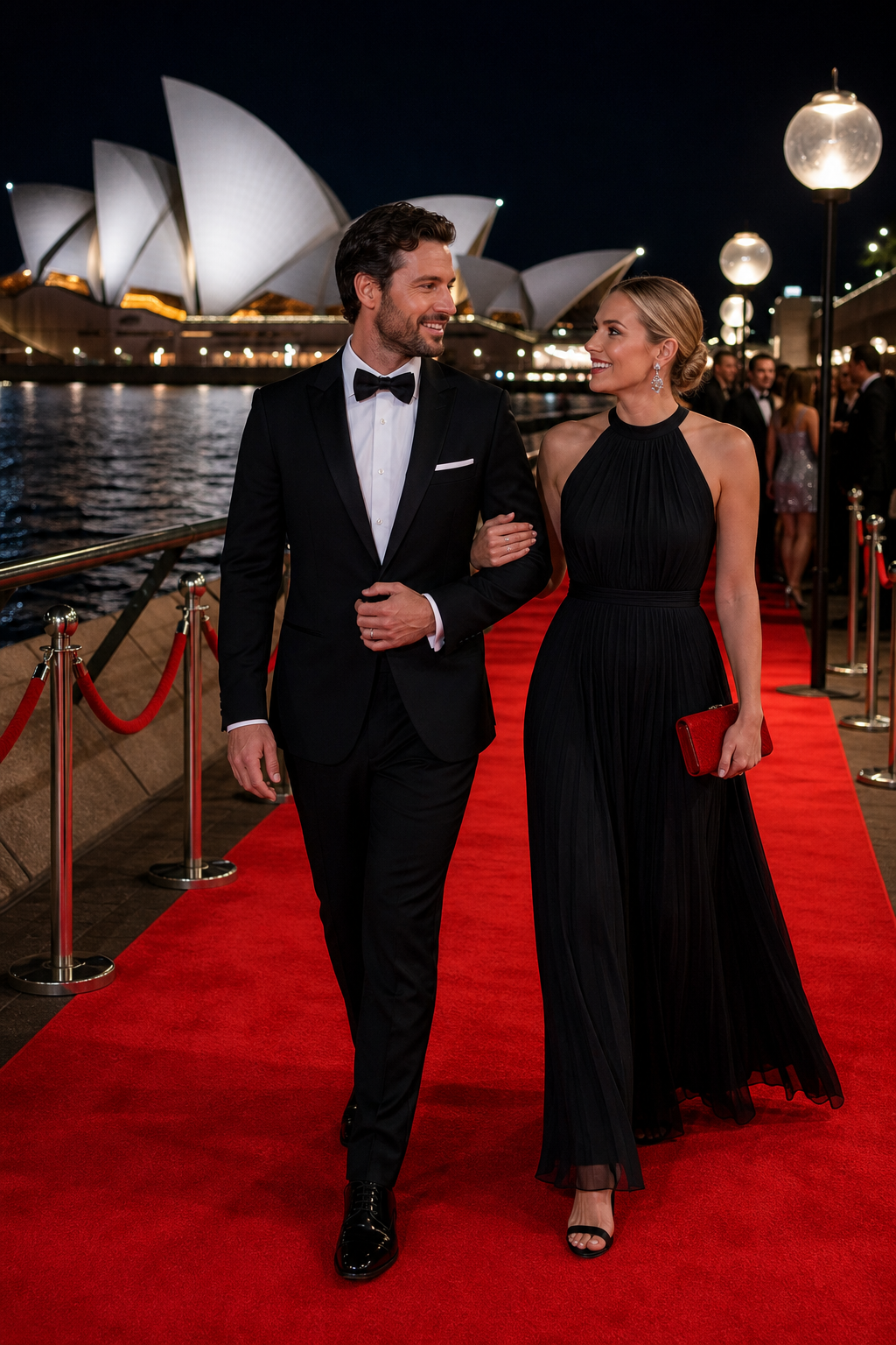 A photorealistic scene of a sophisticated couple walking the Sydney Harbour red‑carpet at night, with the Opera House li