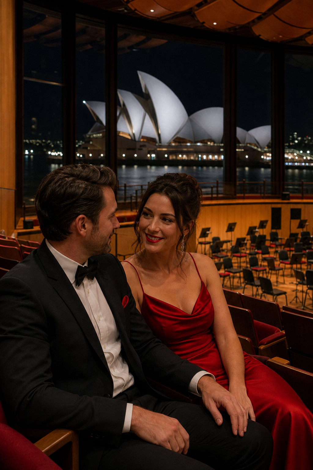 A realistic night‑time scene of a stylish couple seated in the Sydney Opera House’s concert hall, soft lighting, elegant