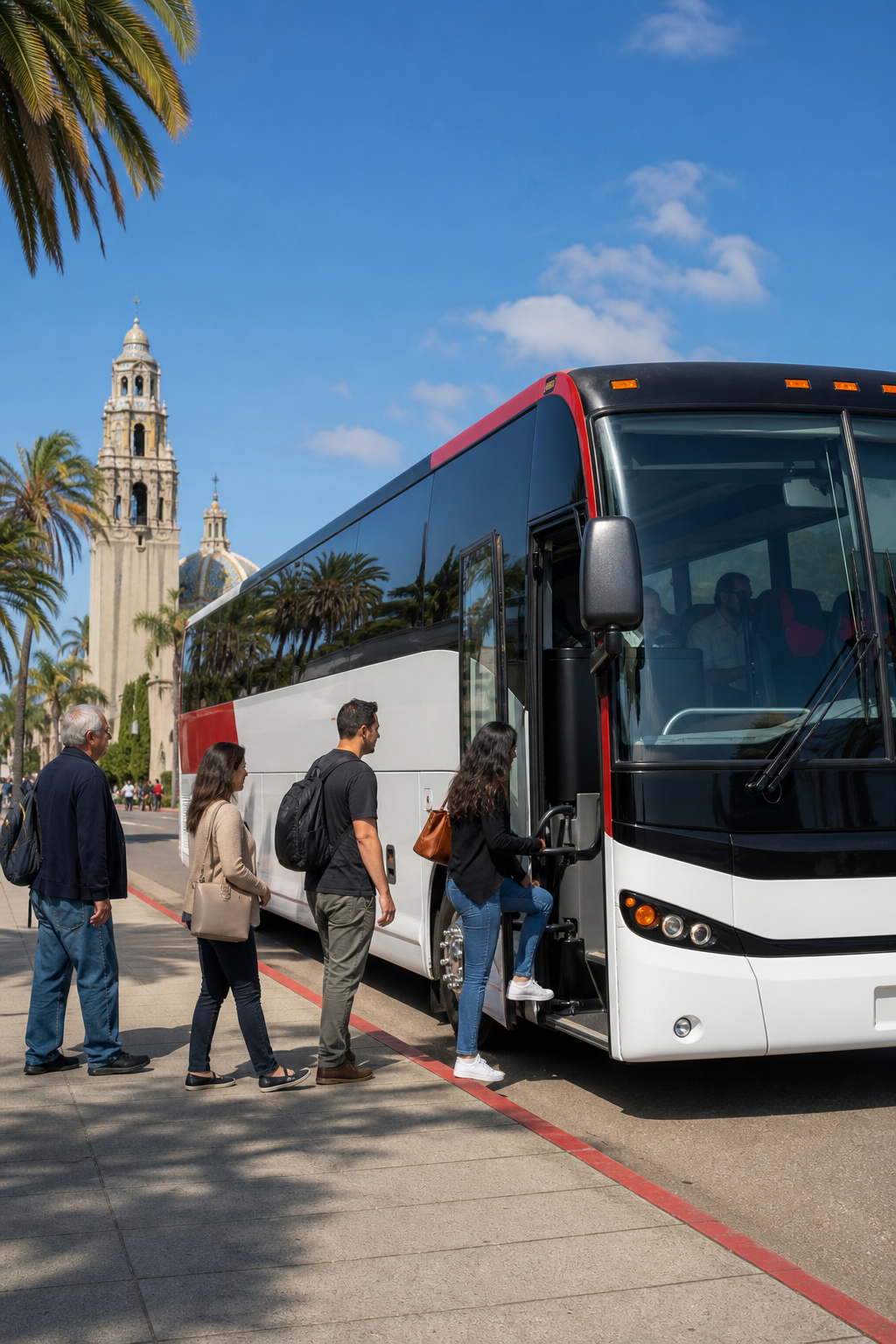 A cinematic view of a clean, modern charter bus parked at a San Diego landmark, bright daylight, passengers boarding, al