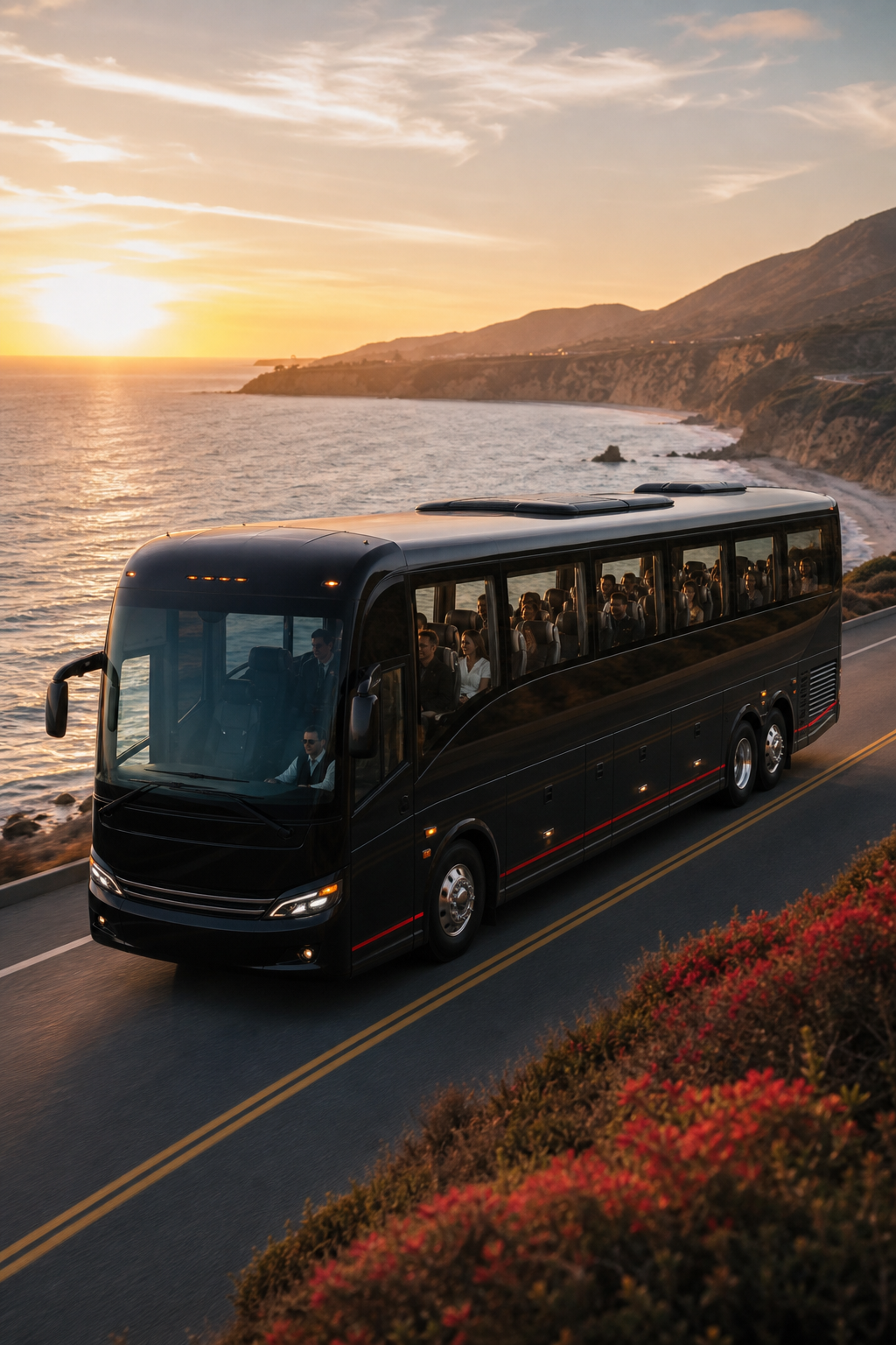 A cinematic shot of a sleek, black luxury coach cruising along the Pacific coastline, passengers visible through large w