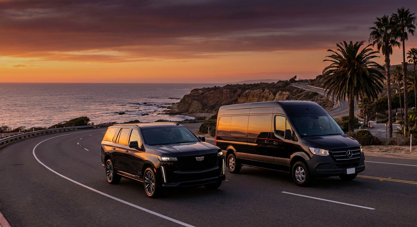 A sleek black luxury SUV and a Mercedes Sprinter van cruising along the San Diego coastline at sunset, cinematic style, 