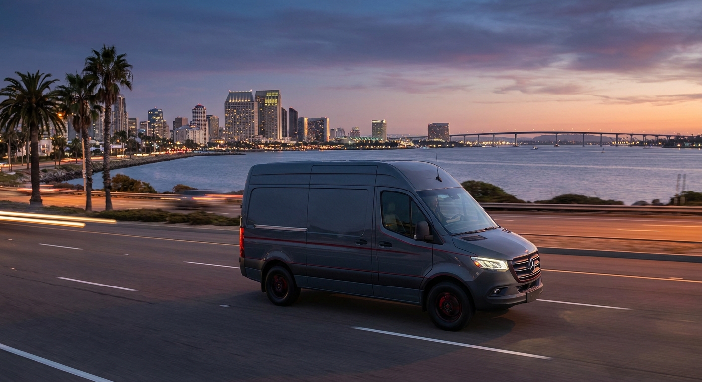 A modern Mercedes Sprinter van cruising past San Diego’s skyline at dusk, cinematic style, alt=