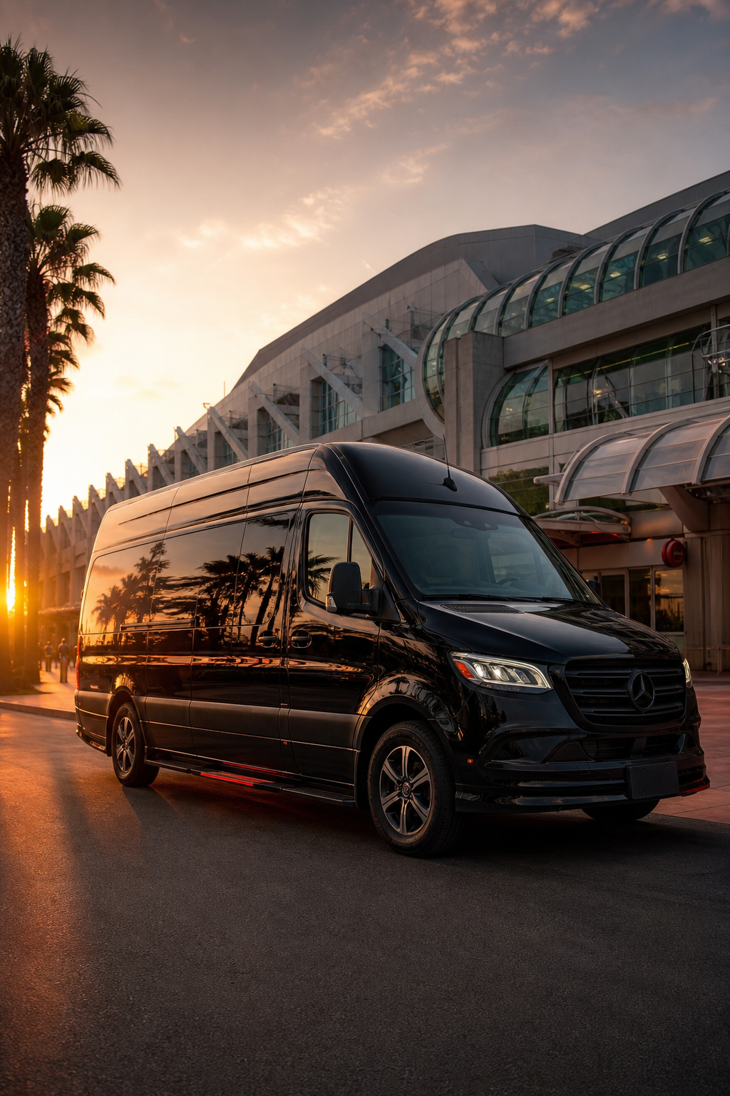 A sleek black Mercedes Sprinter van parked in front of a San Diego Convention Center venue, sunset lighting, cinematic s