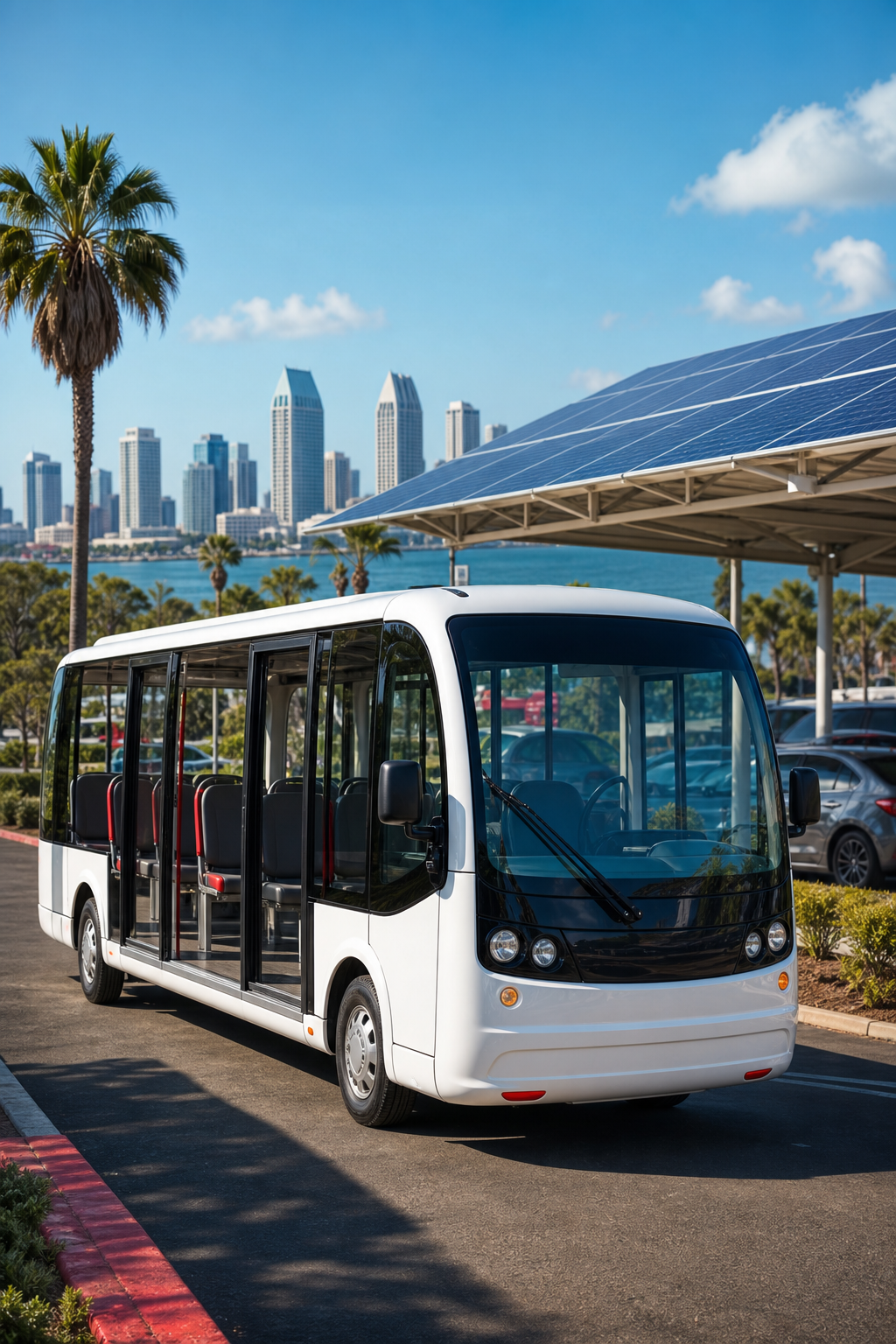An electric shuttle bus parked near a solar‑panel‑covered parking lot, bright daylight, cinematic style, alt: eco‑friend