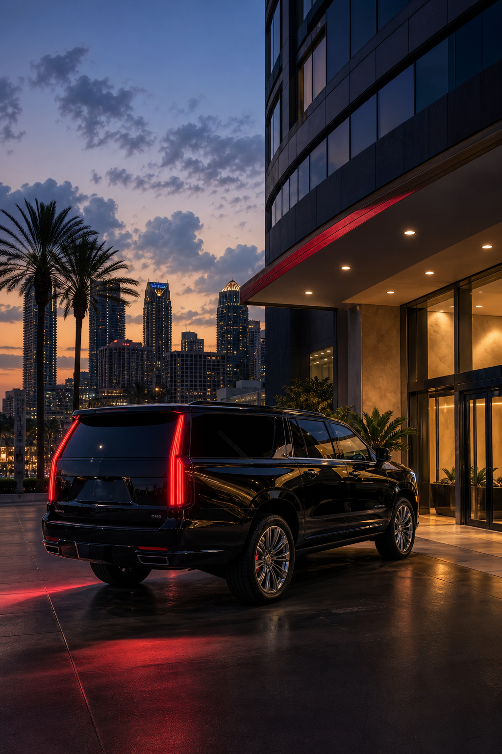 Cinematic view of a sleek black luxury SUV pulling up to a high‑rise office building at dusk, San Diego skyline in the b