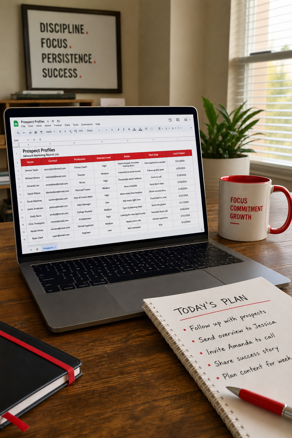 network marketing recruit profile spreadsheet in a home office