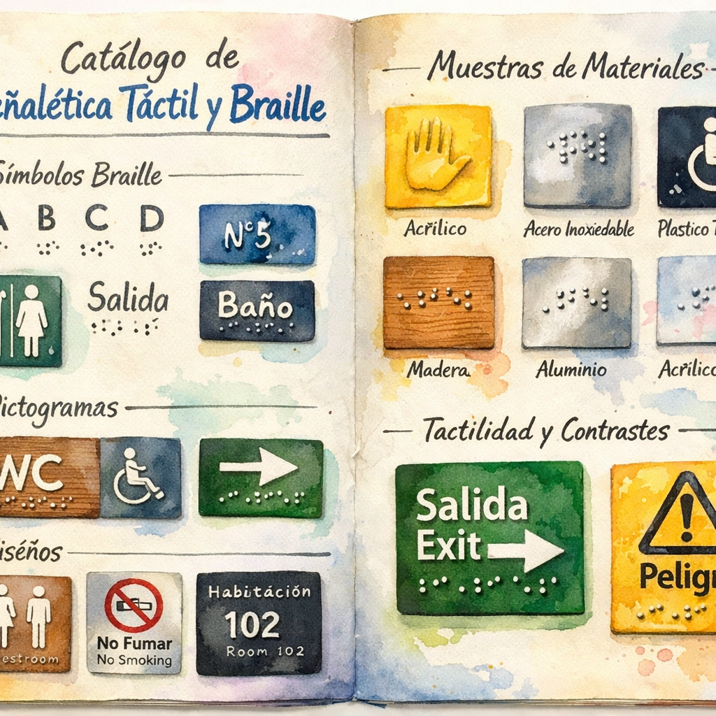catálogo de señalética táctil y braille, variedad de materiales y diseños